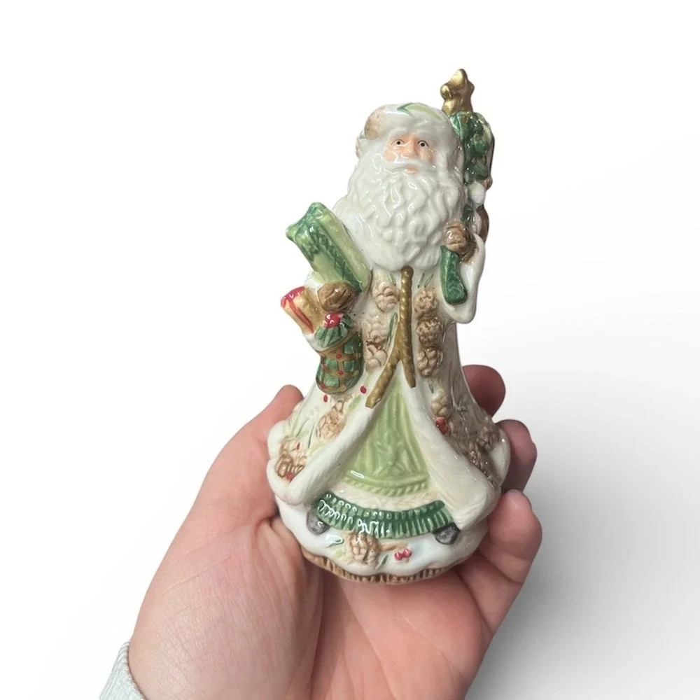 Vintage Fitz and Floyd Small Hand Painted Forest‎ Frost Porcelain Santa Bell